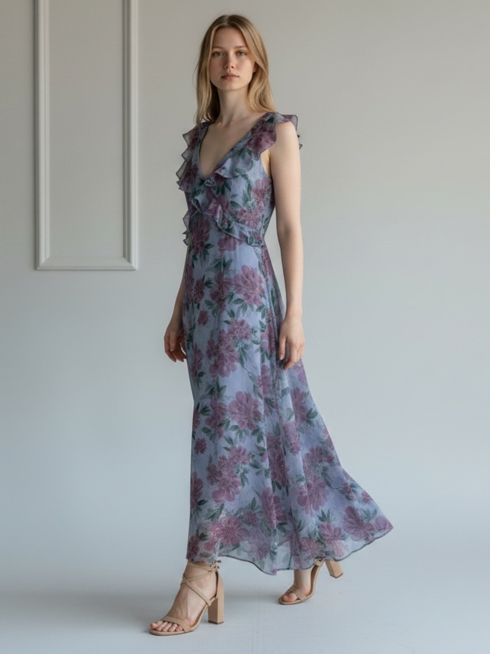 LULUS Purple Floral Ruffle V-Neck Maxi Dress Slit Garden Party Wedding M Flowy
